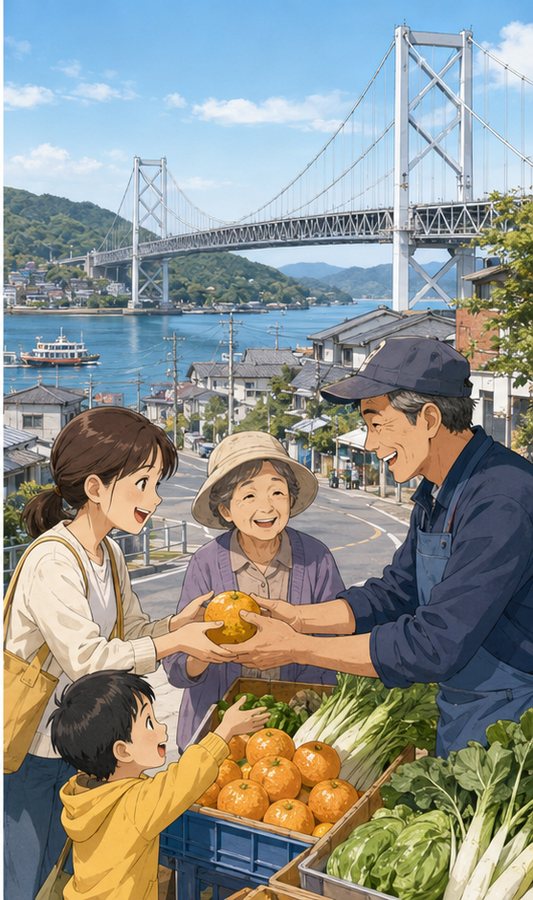 因島大橋を望む通りではっさくを手渡す島の人たち