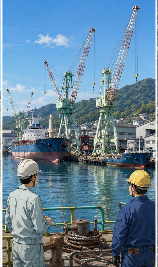 クレーンが並ぶ因島の造船所で働く人たち